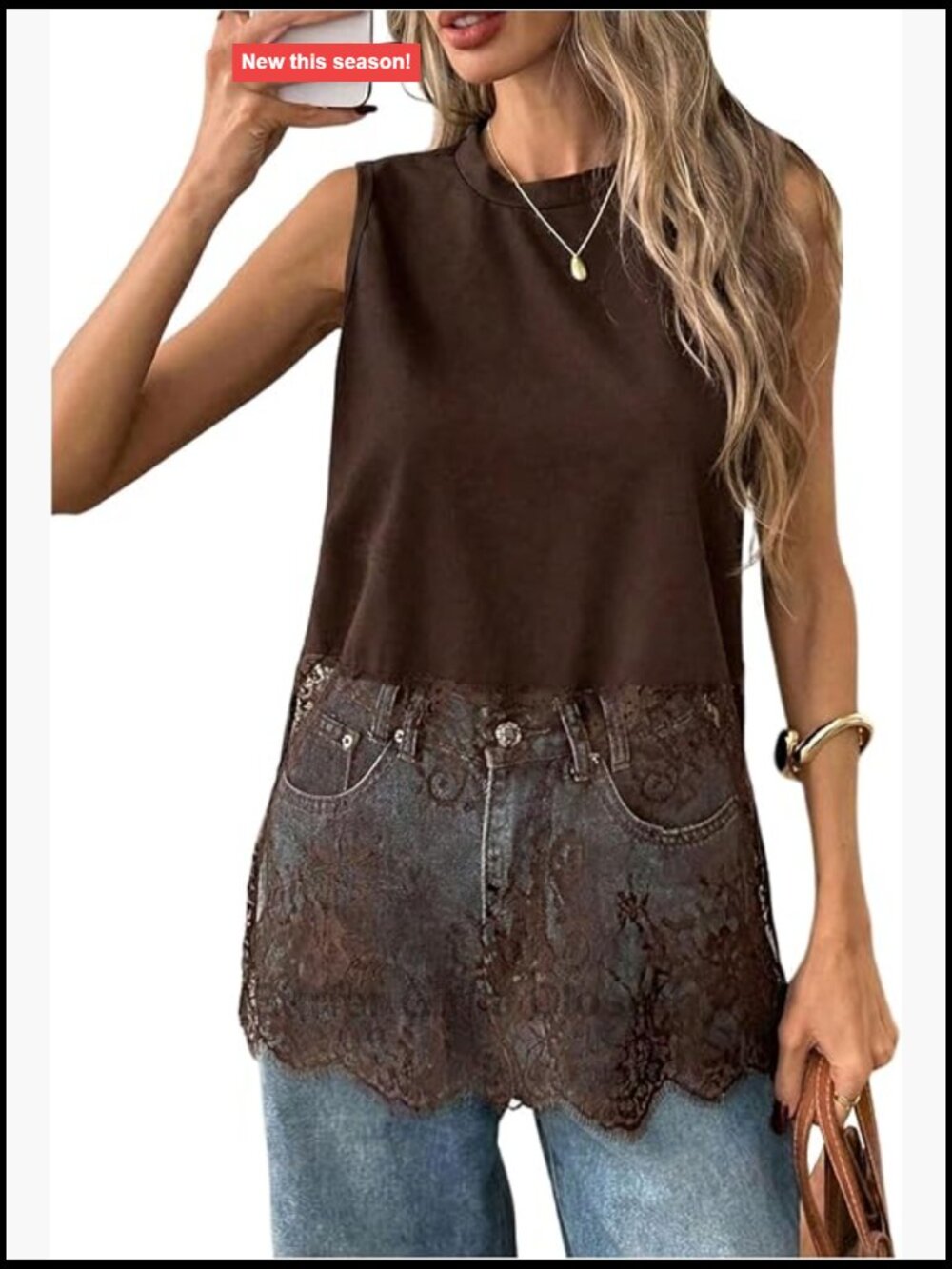 Women's Lace Patchwork Sleeveless Tank Top Crewneck